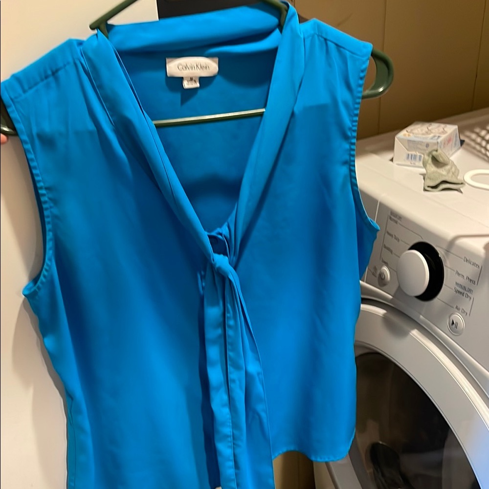 Calvin Klein Blue Sleeveless Tie Front Blouse